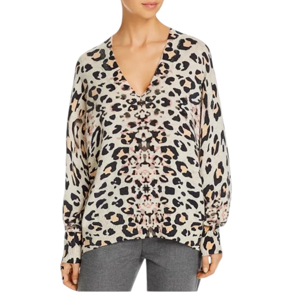 Brochu Walker Kelso Leopard Printed Cashmere V-Neck Sweater - S
